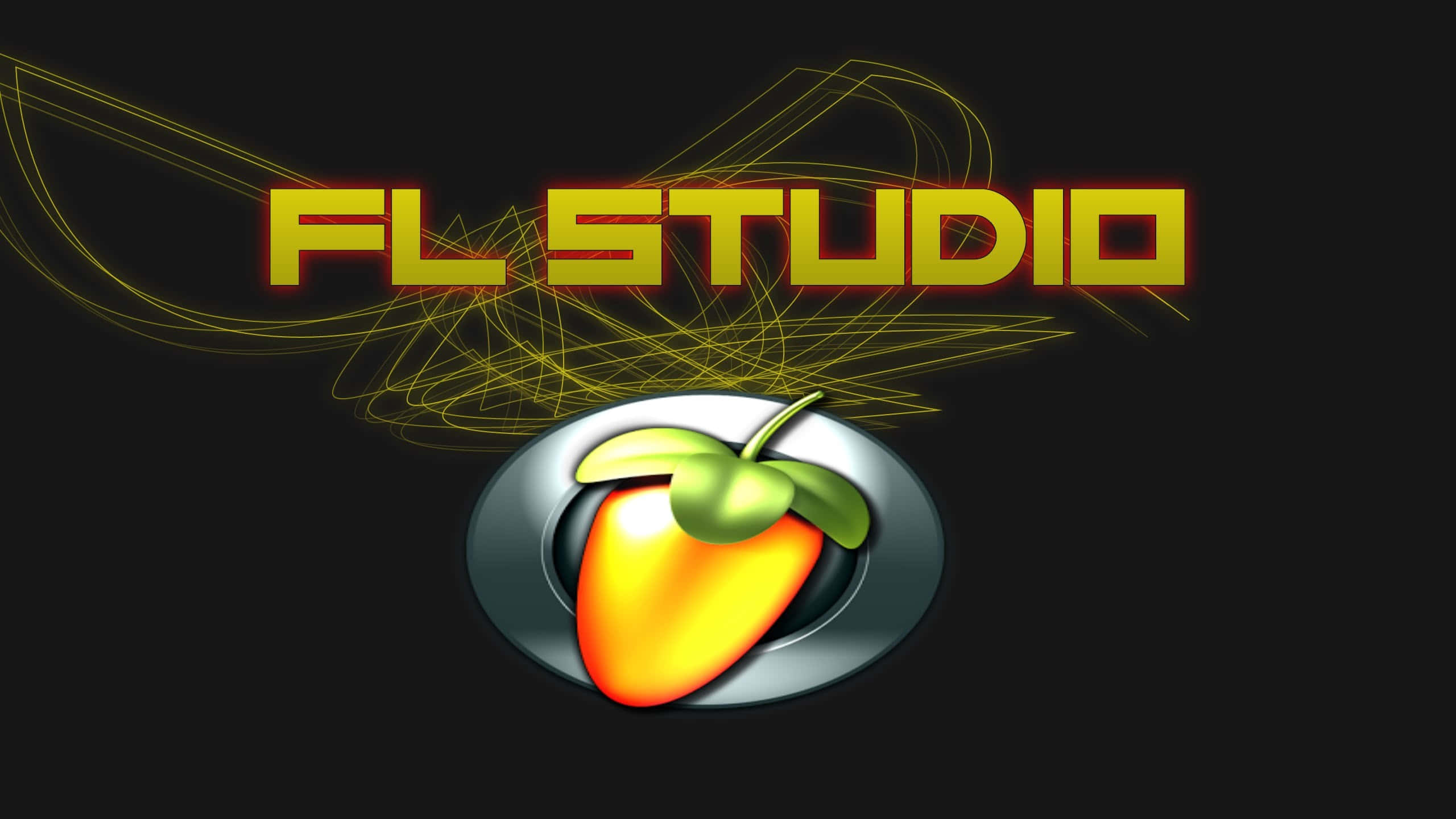 FL Studio 海報 壁紙 — 黑色背景上帶有發光線條和閃亮橙色水果圖標的大膽黃色FL STUDIO標誌。