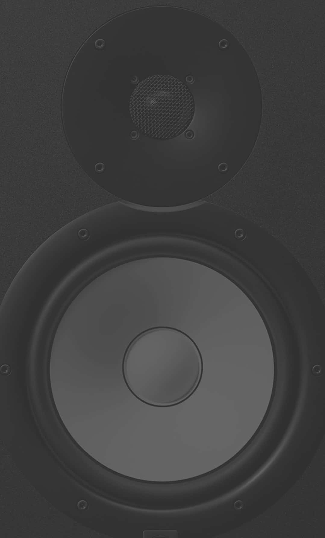 FL Studio 黑色喇叭 壁紙 — 黑色時尚喇叭的特寫，帶有紋理格柵和大低音揚聲器，背景為深色。