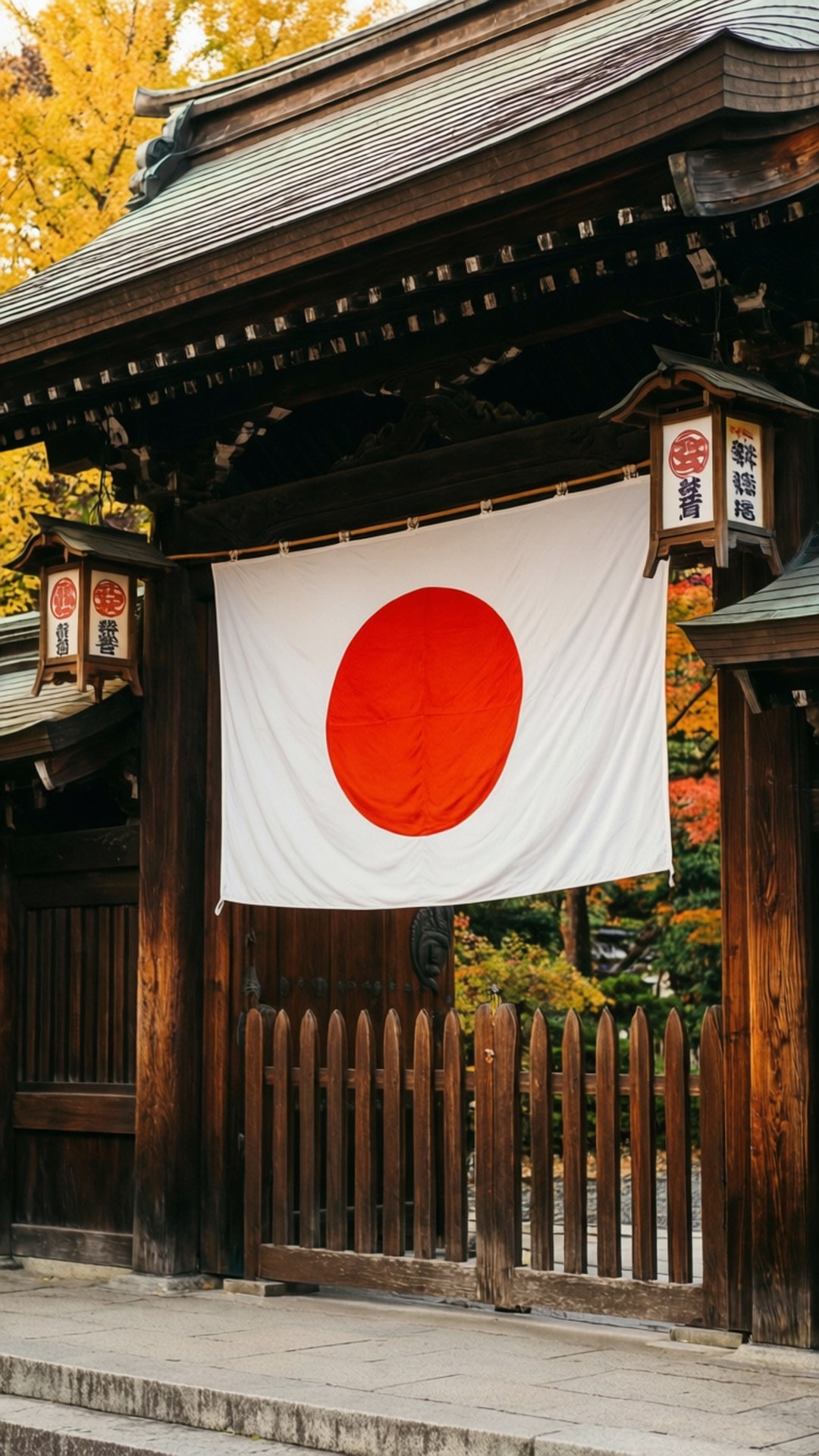 日本國旗懸掛在木製寺廟門上，周圍是秋葉