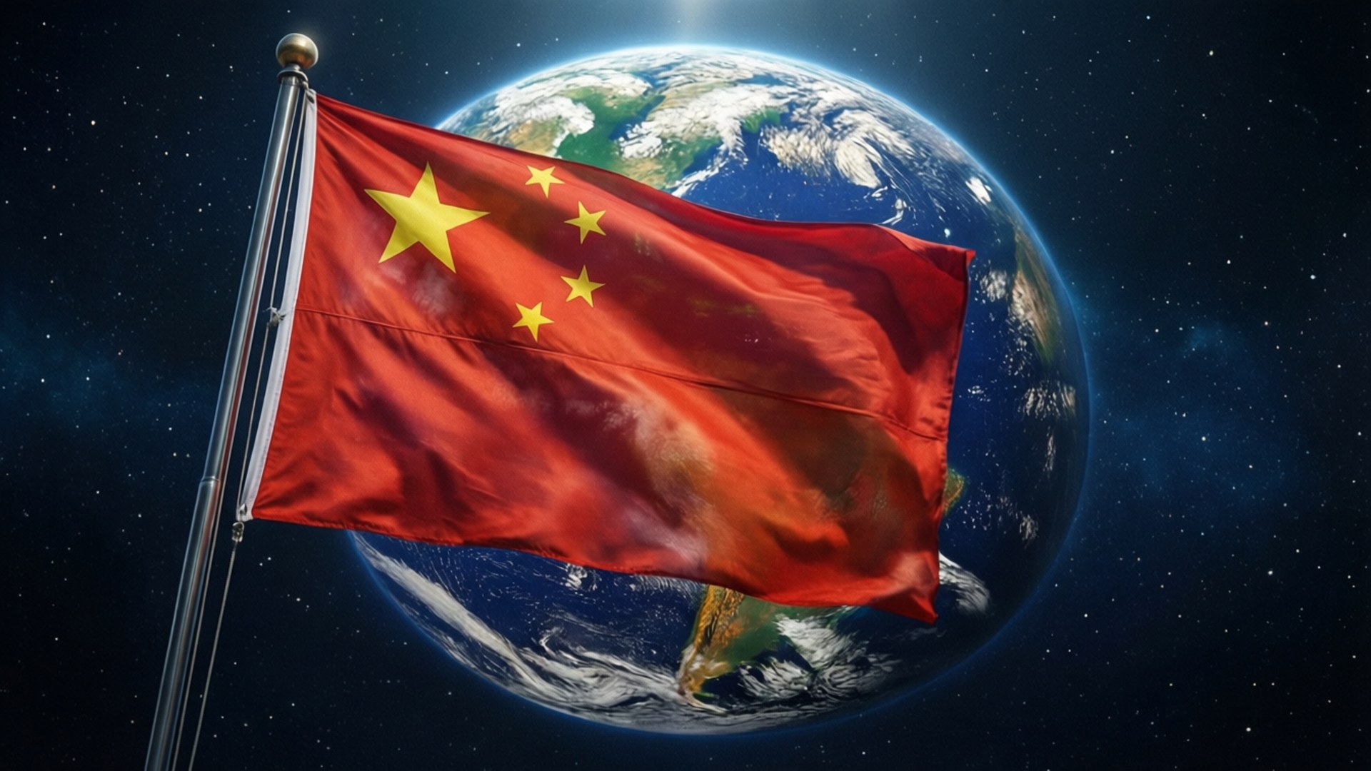 中國國旗在太空中飄揚，地球在星空背景下