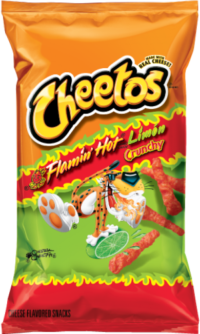 Flamin' Hot Limón Cheetos 香辣檸檬味零食包 壁紙 — 色彩鮮豔的橙色和綠色包裝，內有Cheetos Flamin' Hot Limon Crunchy芝士味零食，並印有吉祥物獵豹。