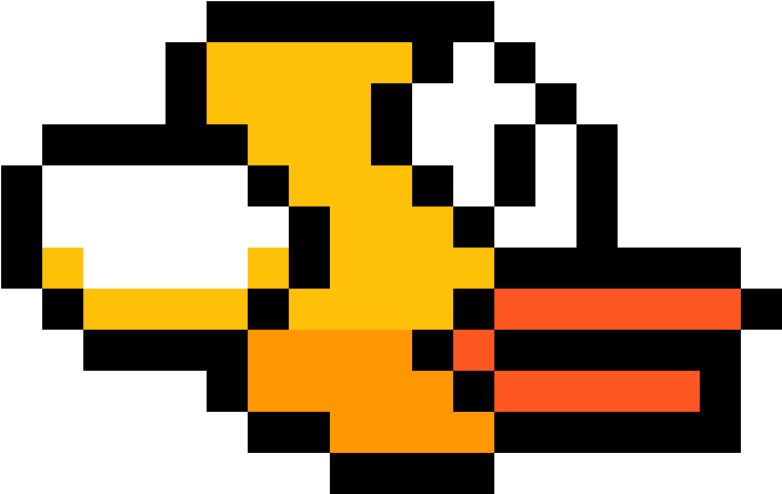 Flappy Bird遊戲角色圖標 壁紙 — 一隻像素化黃色鴨子，有白色翅膀和橙色喙，背景為黑色。