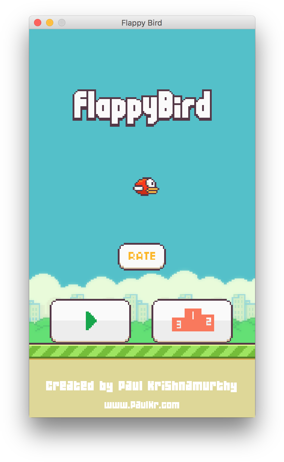 Flappy Bird 遊戲主選單 壁紙 — 像素化 Flappy Bird 遊戲畫面，紅鳥準備在藍天綠地上飛翔。