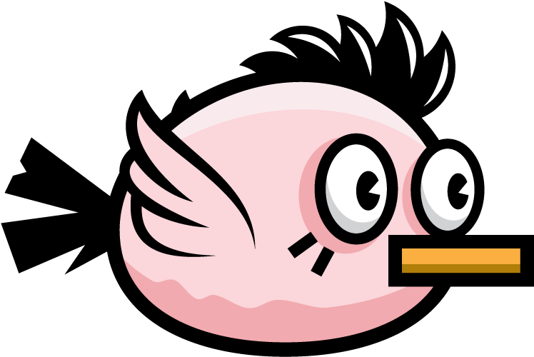 Flappy Bird角色插畫 壁紙 — 一隻卡通粉紅色小鳥，有著大眼睛和黃色喙，在黑色背景前凝視。