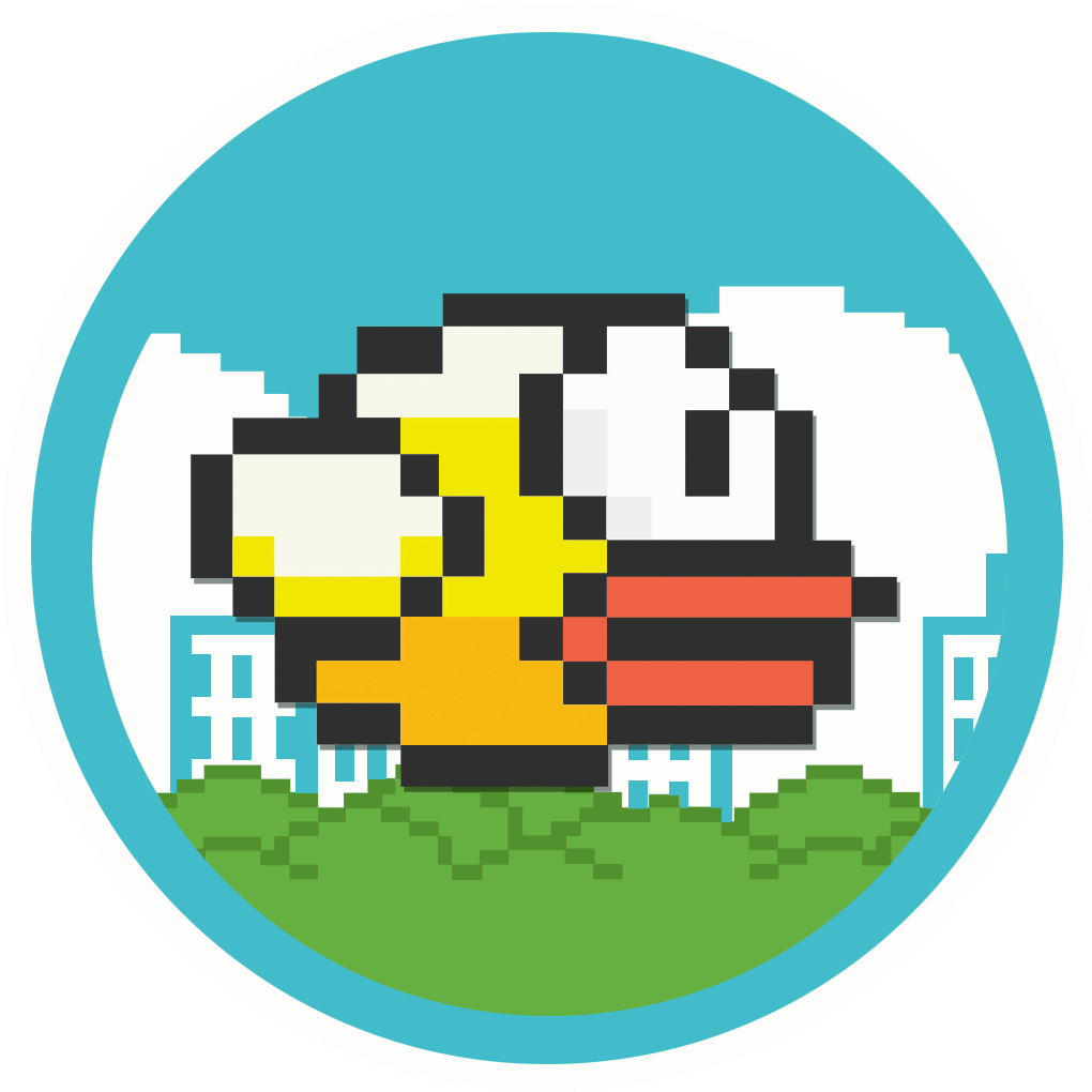 Flappy Bird圖標 壁紙 — 一隻帶有黃色和黑色條紋的像素化蜜蜂站在圓形框架內的藍天下綠色草地上。
