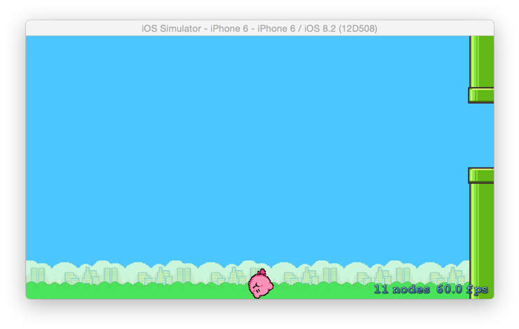 《Flappy Bird》遊戲截圖 壁紙 — 一個粉紅色像素角色在明亮的藍天下，穿過一片綠色草地，遠處有城市建築。