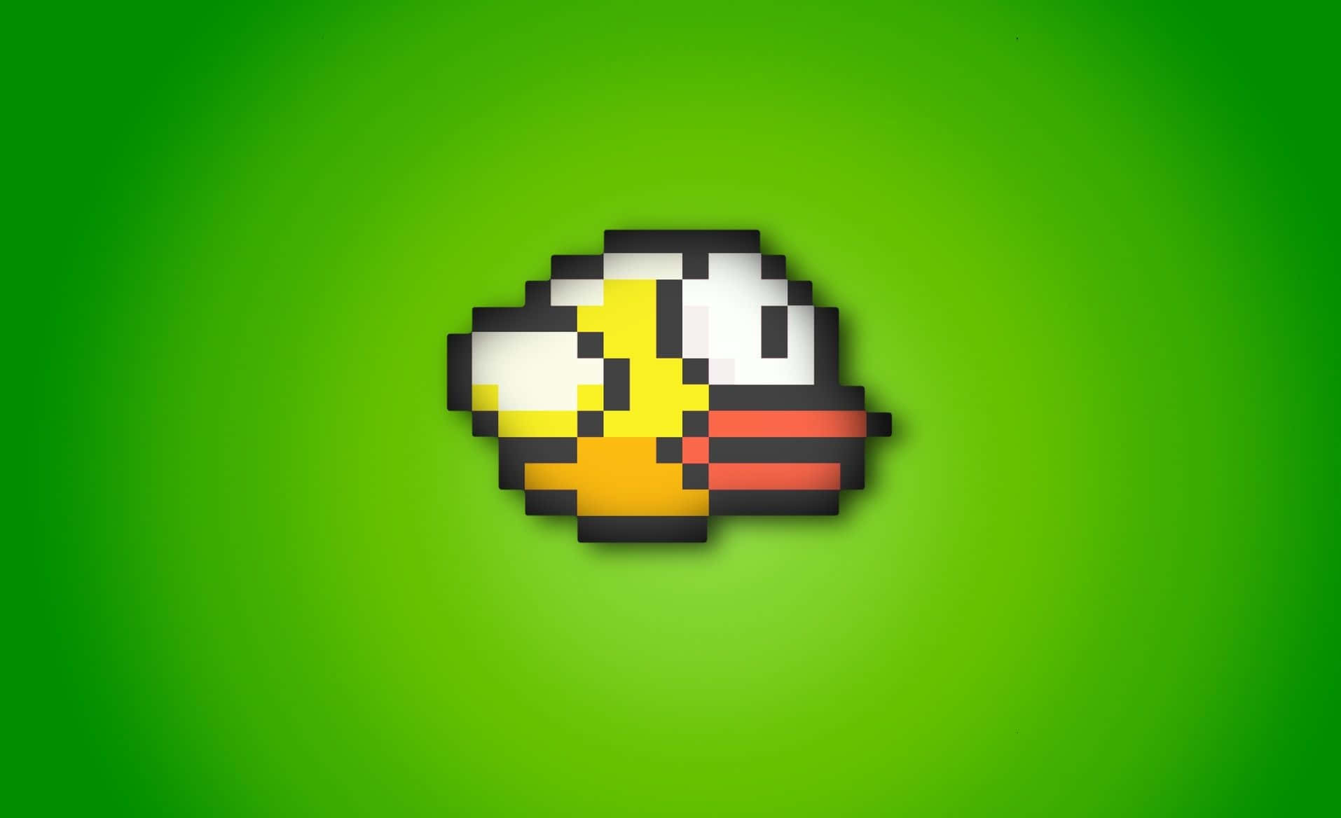 Flappy Bird：當時最熱門的手機遊戲 壁紙 — 一個像素化的鴨頭，黃色喙和紅色條紋，漂浮在充滿活力的綠色漸變背景上。