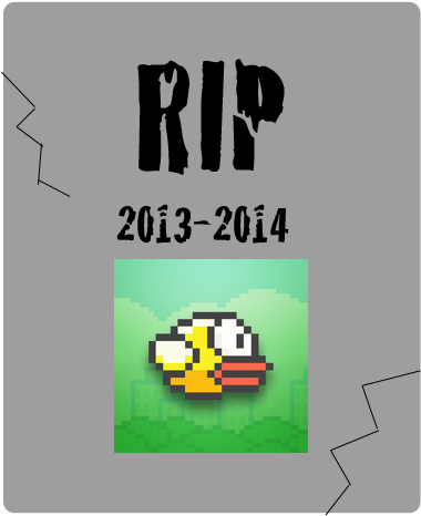 《Flappy Bird》RIP 紀念 壁紙 — 像素鴨子頭像在綠色背景上，灰色裂牆上寫有「RIP 2013-2014」文字。