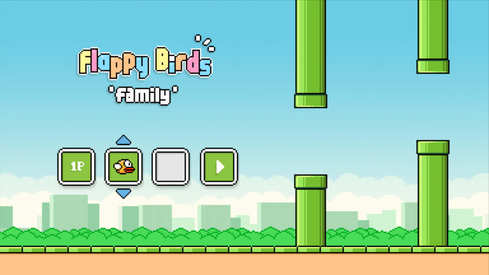 Flappy Bird遊戲飛越色彩繽紛的風景 壁紙 — 像素化 Flappy Birds 遊戲畫面，有綠色管道和卡通鳥，準備在城市天際線前遊玩。