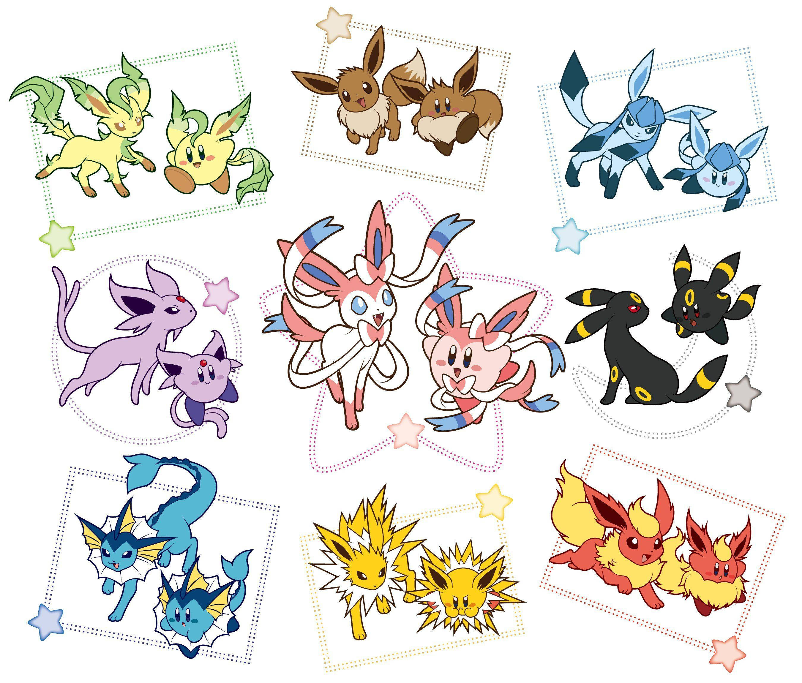 flareon的伊布版本 壁紙 — 九對色彩繽紛的 Pokémon Eeveelutions 以可愛卡通風格呈現，每對分別置於帶有星星裝飾的點狀邊框中。