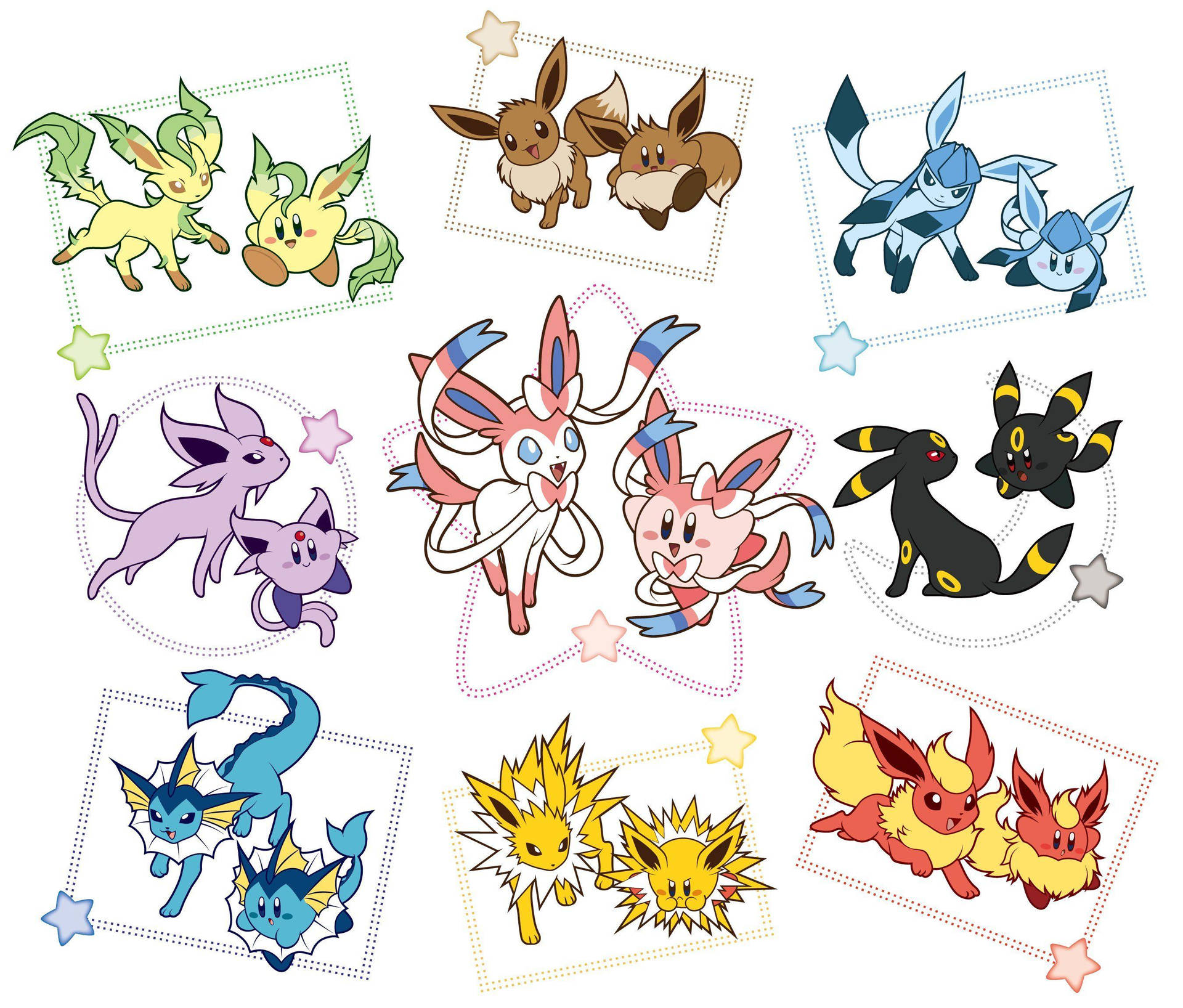 flareon的伊布版本 壁紙 — 九對色彩繽紛的 Pokémon Eeveelutions 以可愛卡通風格呈現，每對分別置於帶有星星裝飾的點狀邊框中。