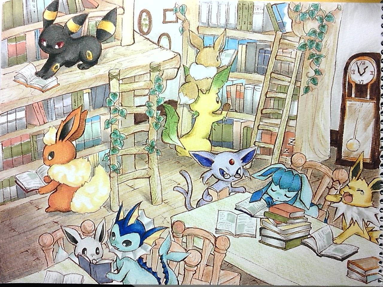 寵物小精靈角色喺一個有木架同藤蔓嘅舒適圖書館入面睇書。