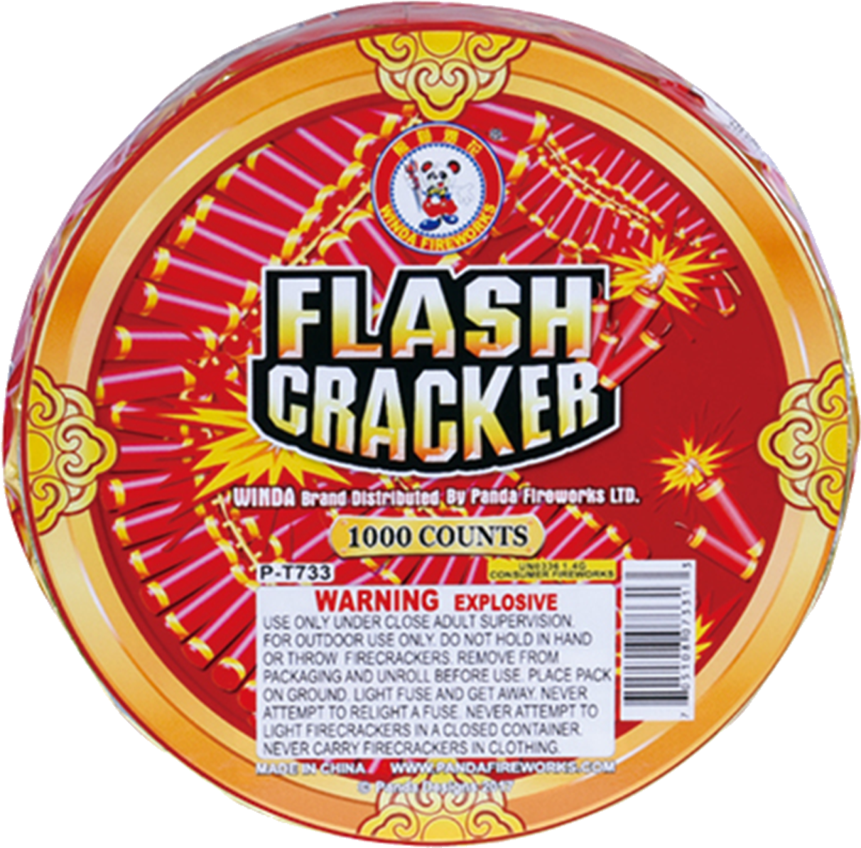 Flash Cracker 1000發包裝標籤 壁紙 — 一個鮮紅色和金色的圓形包裝，內含1000個閃光爆竹，帶有熊貓標誌和爆炸警告文字。