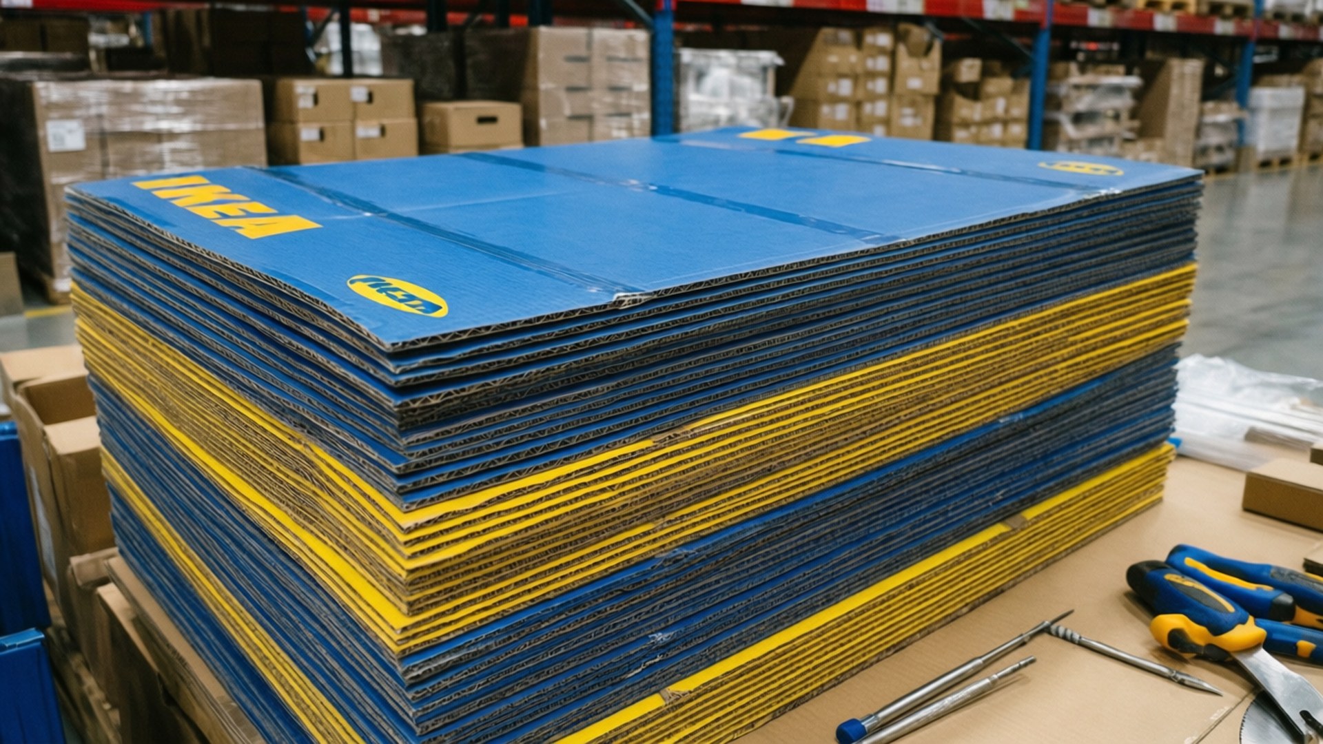 倉庫中一堆藍色和黃色的 IKEA 扁平包裝盒，附近有工具