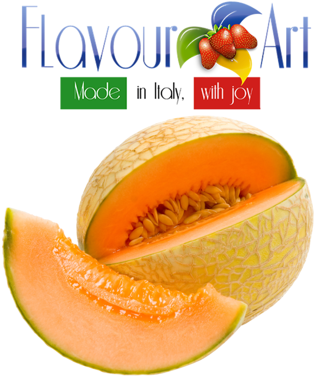FlavourArt 品牌哈密瓜圖標 壁紙 — 一個充滿活力的半切哈密瓜，多汁的橙色果肉和綠色外皮，切片後在黑色背景上展示，帶有 'Flavour Art' 標誌。