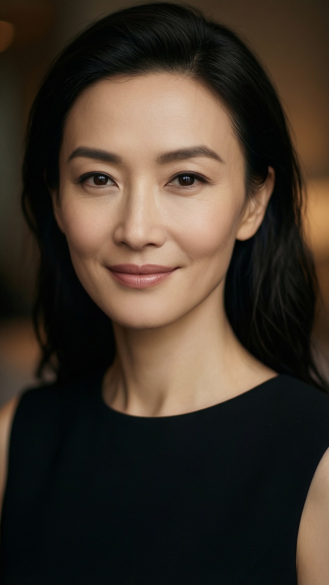 一位黑髮女性穿著黑色無袖上衣，溫柔地微笑。