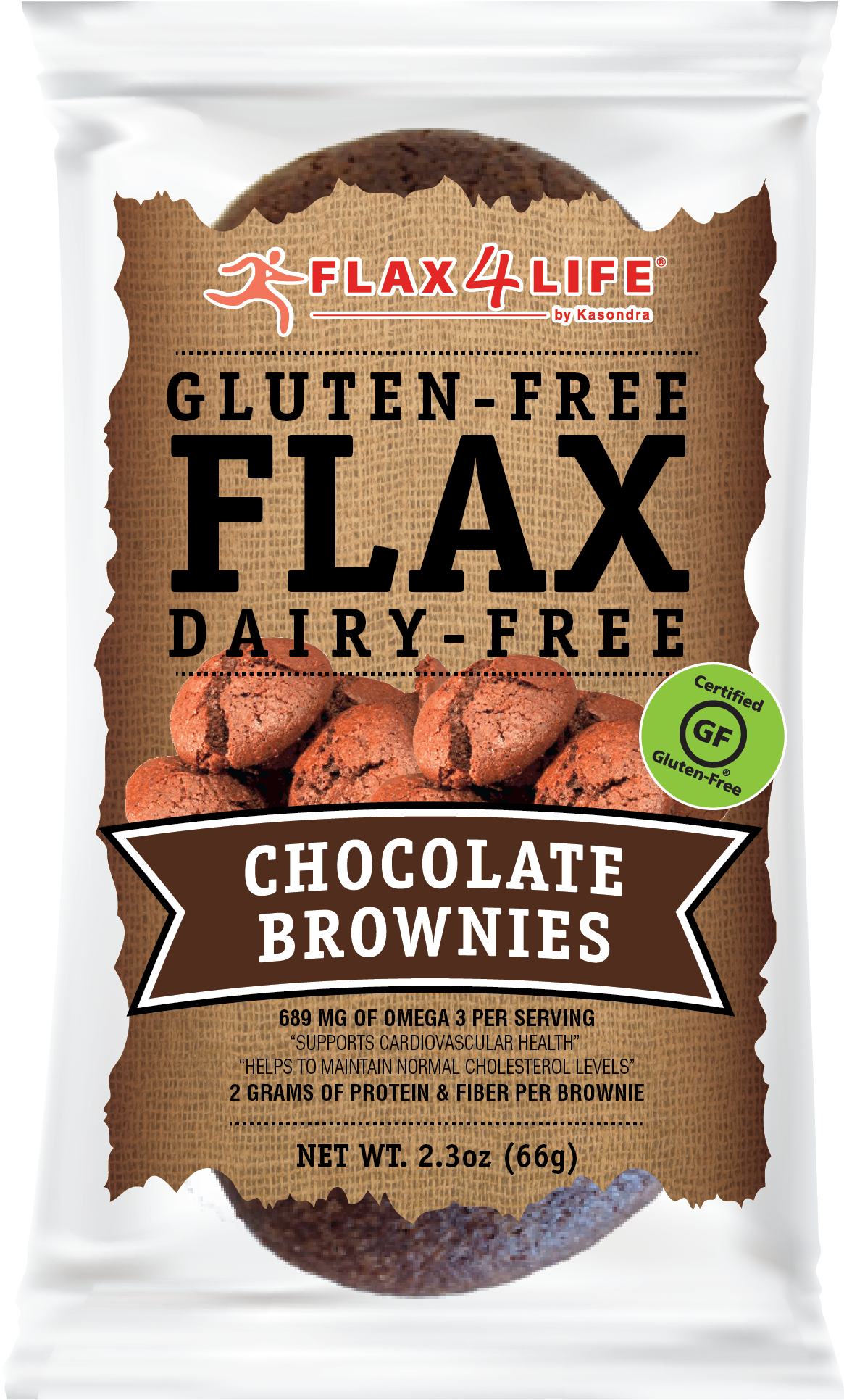 Flax4Life 無麩質無乳製品巧克力布朗尼包裝 壁紙 — 一包亞麻籽朱古力布朗尼，標示為無麩質和無乳製品，附有營養資料和綠色認證無麩質標籤。