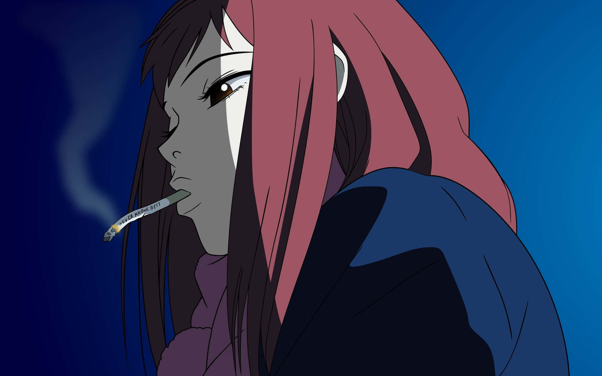 《FLCL》中的同島真美——經典動漫角色 壁紙 — 一個情緒化的動漫女孩，粉紅色和深色頭髮，在深藍色背景下抽煙。