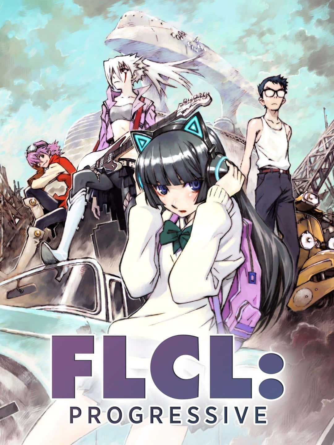 FLCL Progressive 動漫海報，包含角色和巨大機械人。