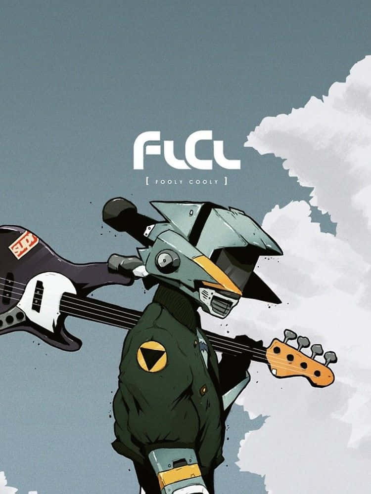 動漫機械人角色在陰天背景下拿著低音結他，帶有FLCL文字。