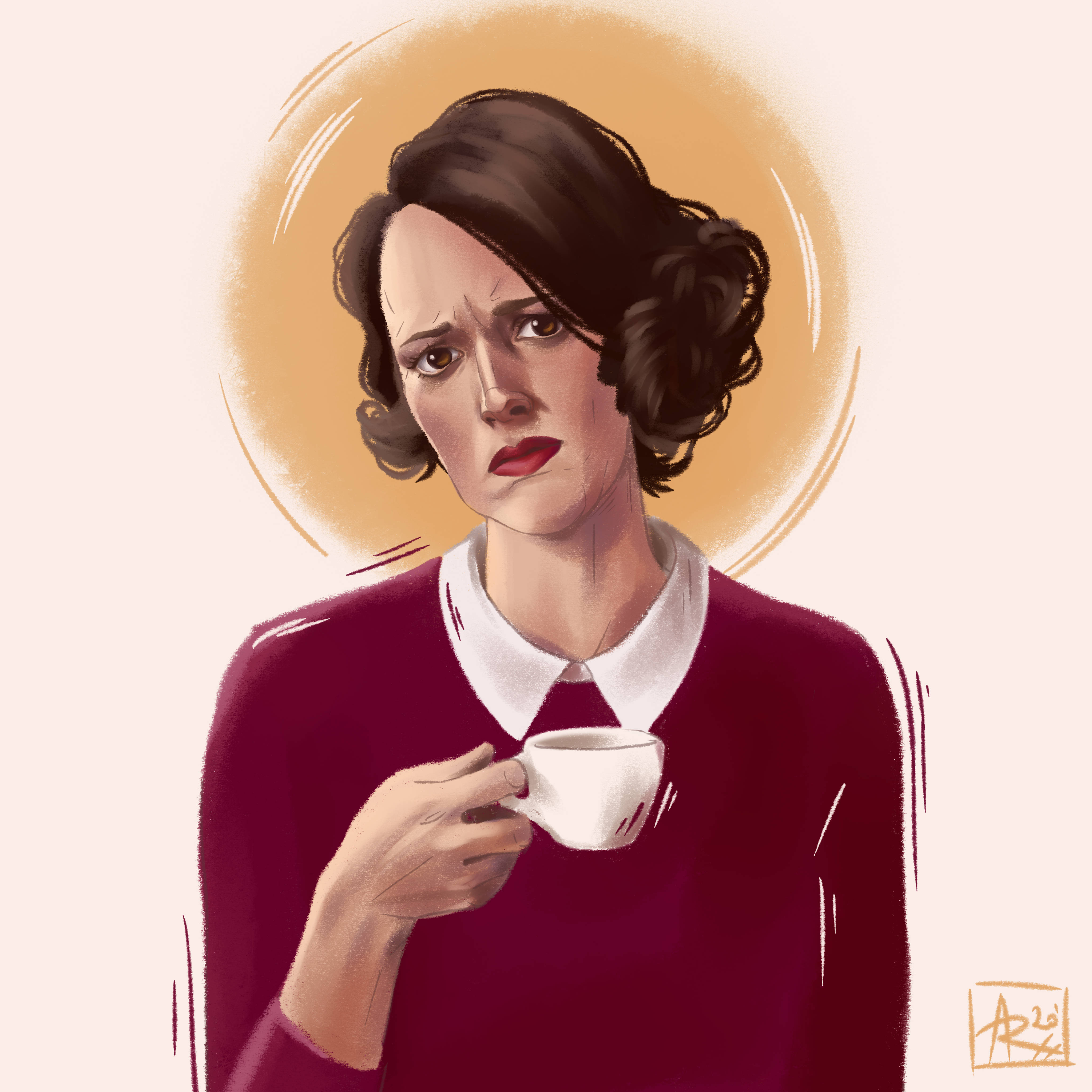 Fleabag 穿紅色背景藝術畫 壁紙 — 一位擁有深色捲髮和紅唇的女性，在溫暖發光的光環背景下拿著一個白色茶杯。