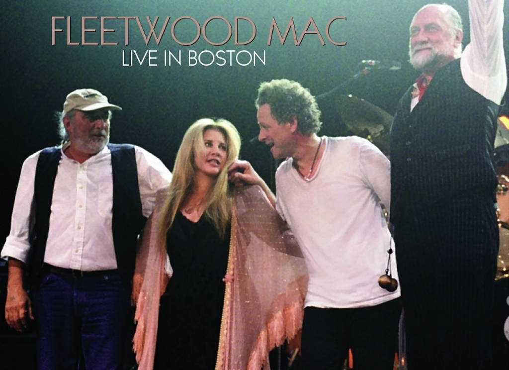 Fleetwood Mac 樂隊在波士頓舞台上與微笑的音樂家一起現場表演。