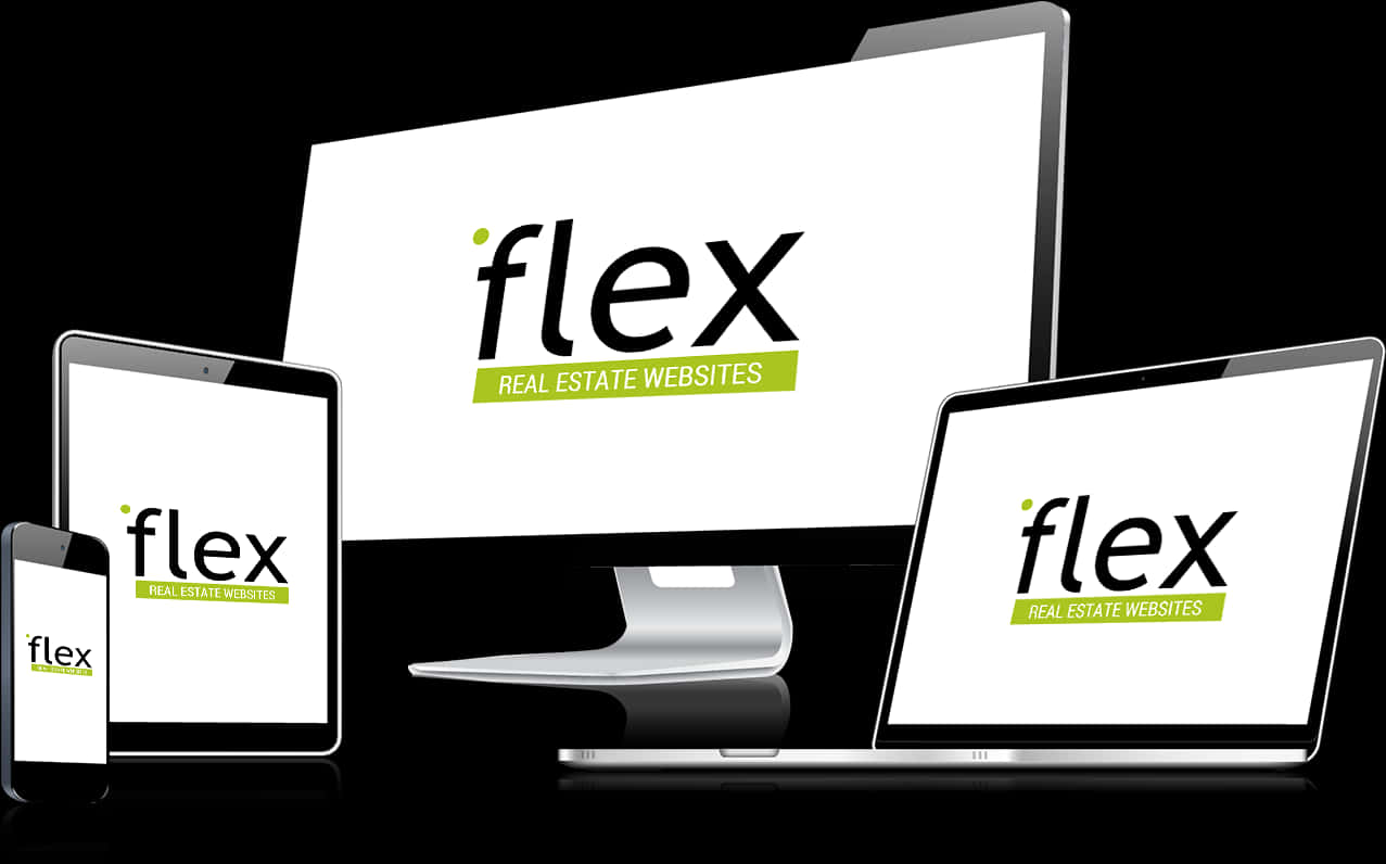 Flex不動產網站響應式設計 壁紙 — 現代科技裝置在時尚的黑色背景上展示「flex real estate websites」標誌。
