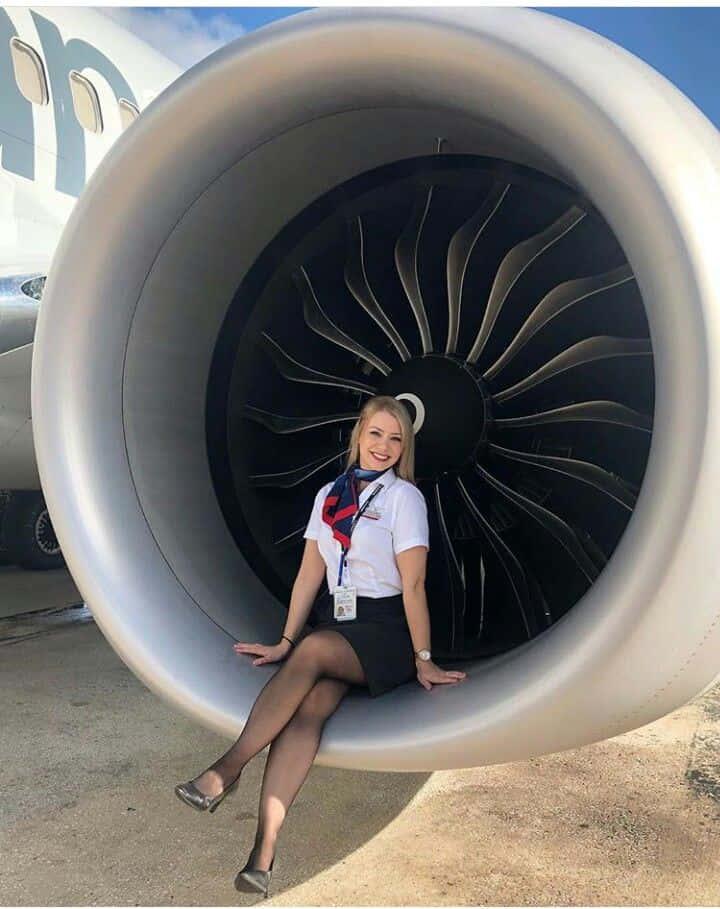 空姐在飛機引擎內擺姿勢