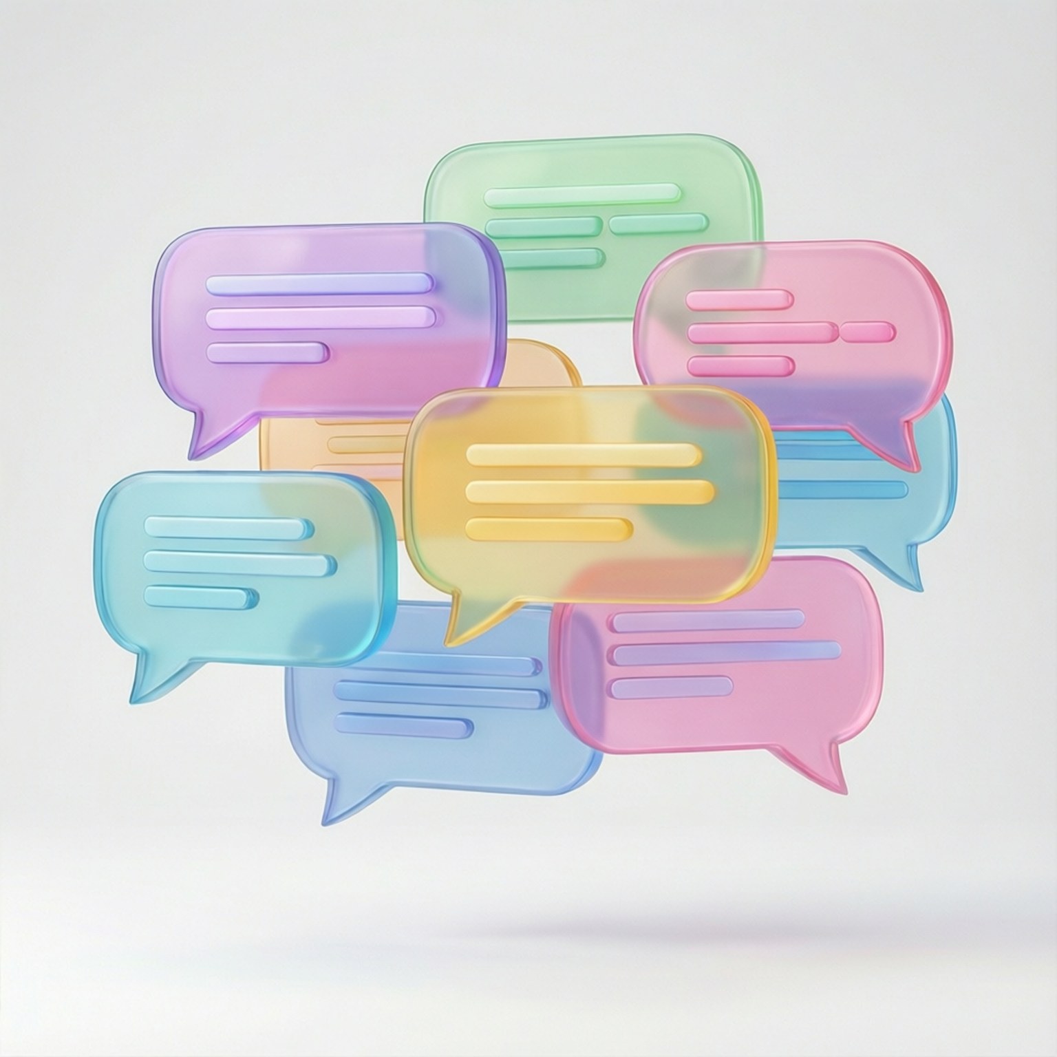 Floating 3D Speech Bubbles 壁紙 — 漂浮的半透明粉彩對話氣泡，帶有柔和漸變色調，懸浮在純白色背景上。