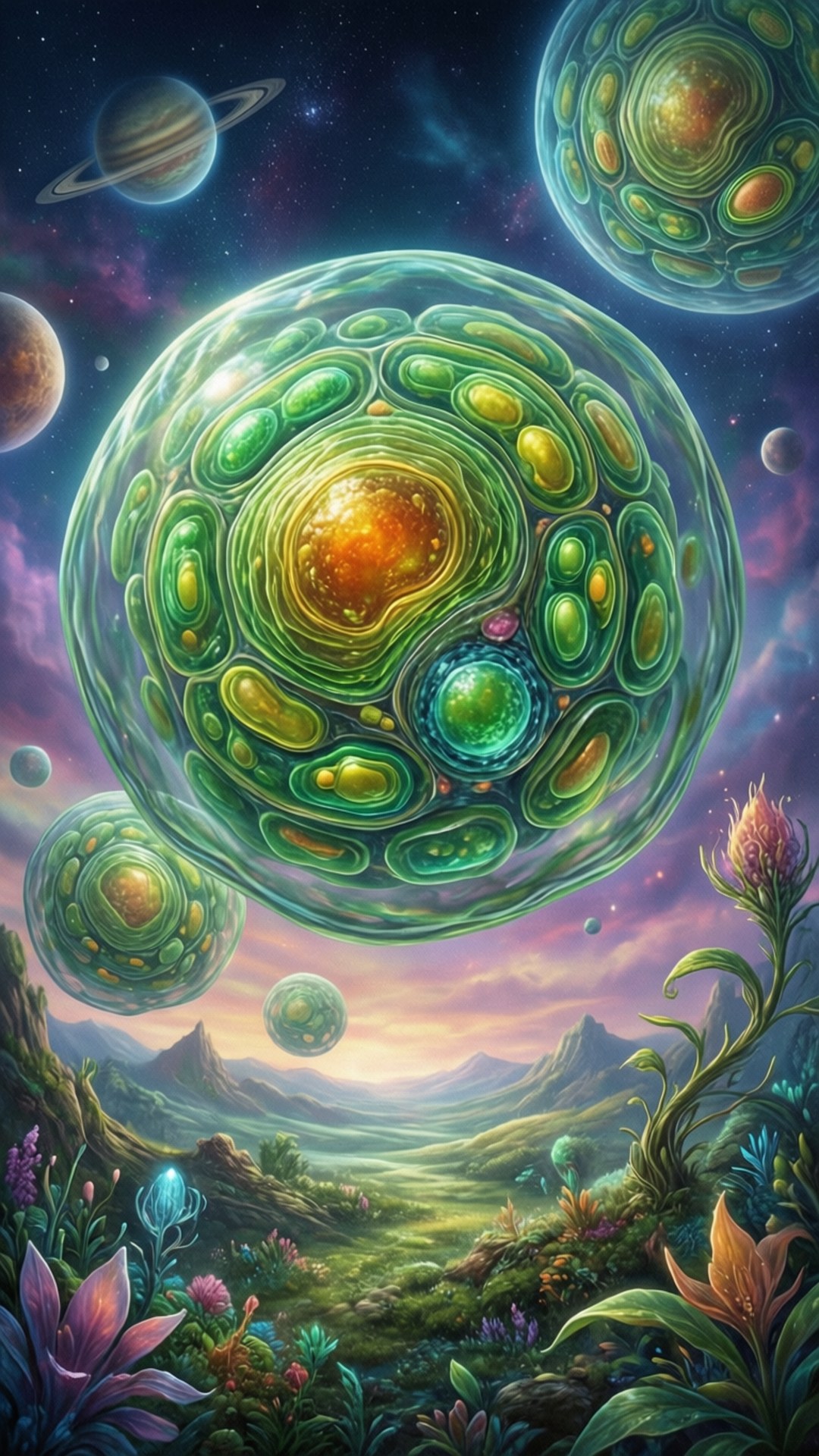 Dreamscape Cell 壁紙 — 發光綠色內部的漂浮外星球體在繁星點點的暮色天空下盤旋在充滿活力的外星山谷之上。