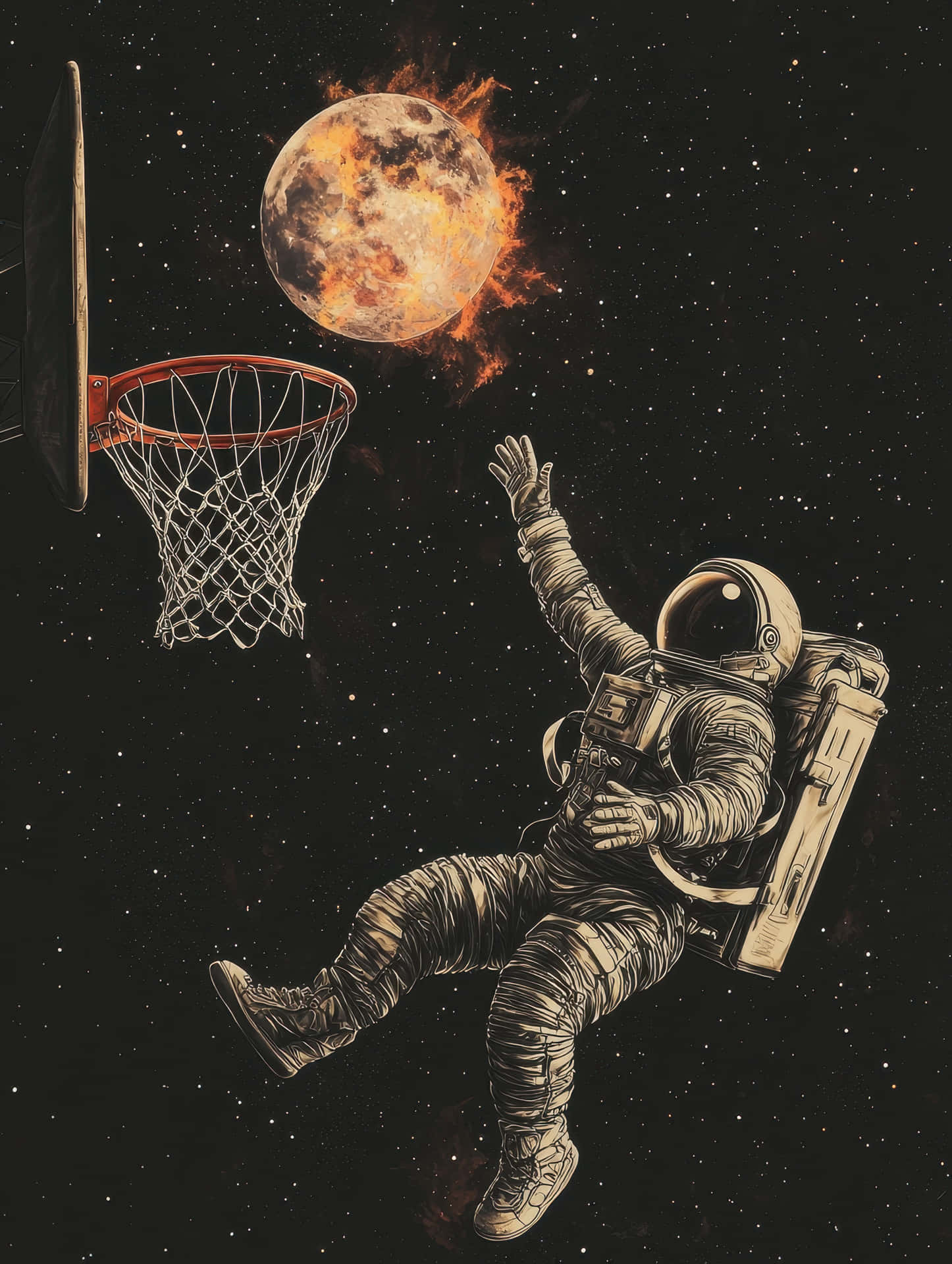 太空人在太空打籃球，籃框後面有燃燒的月球。