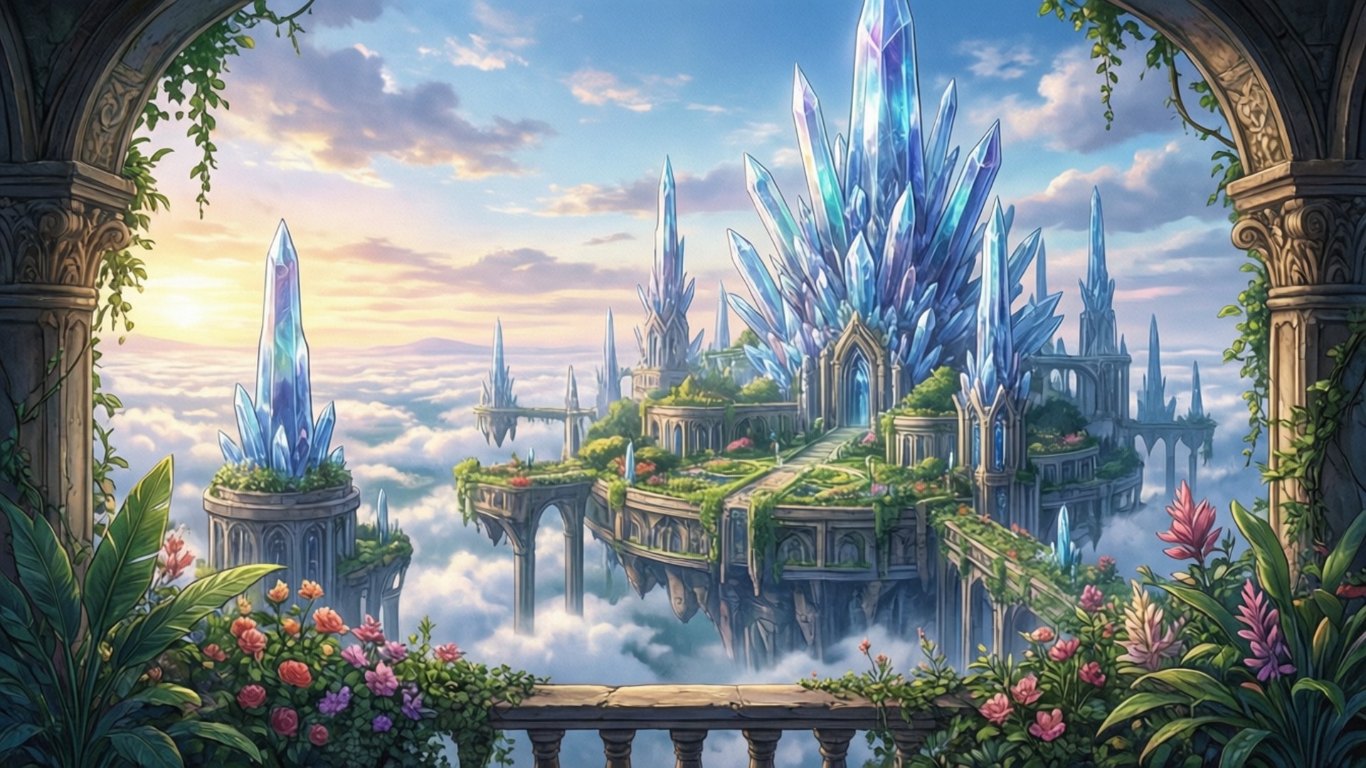 Ar Tonelico 桌布 壁紙 — 雲端中漂浮的水晶城堡，由裝飾性石拱門和盛開的花朵框住的壯麗景色。