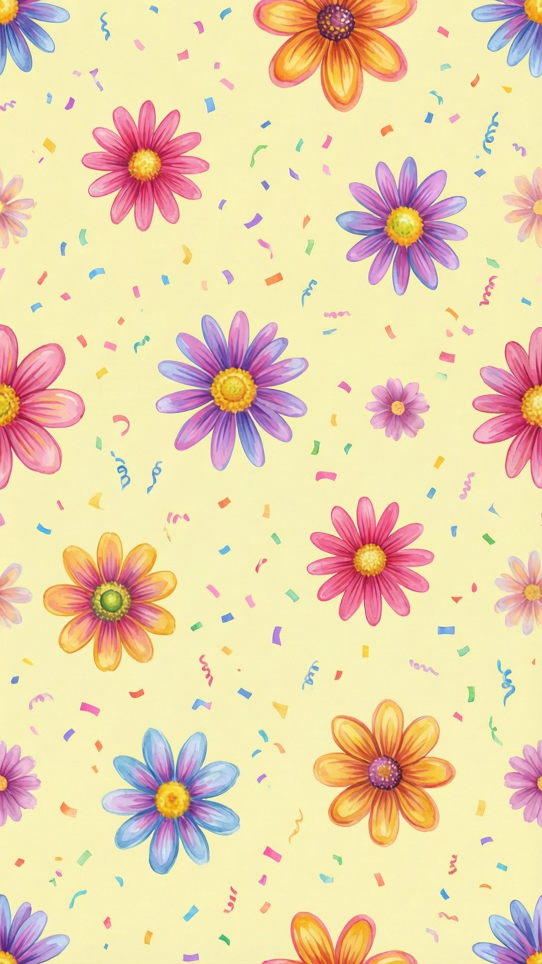 淺黃色背景上的彩色卡通花朵和紙屑