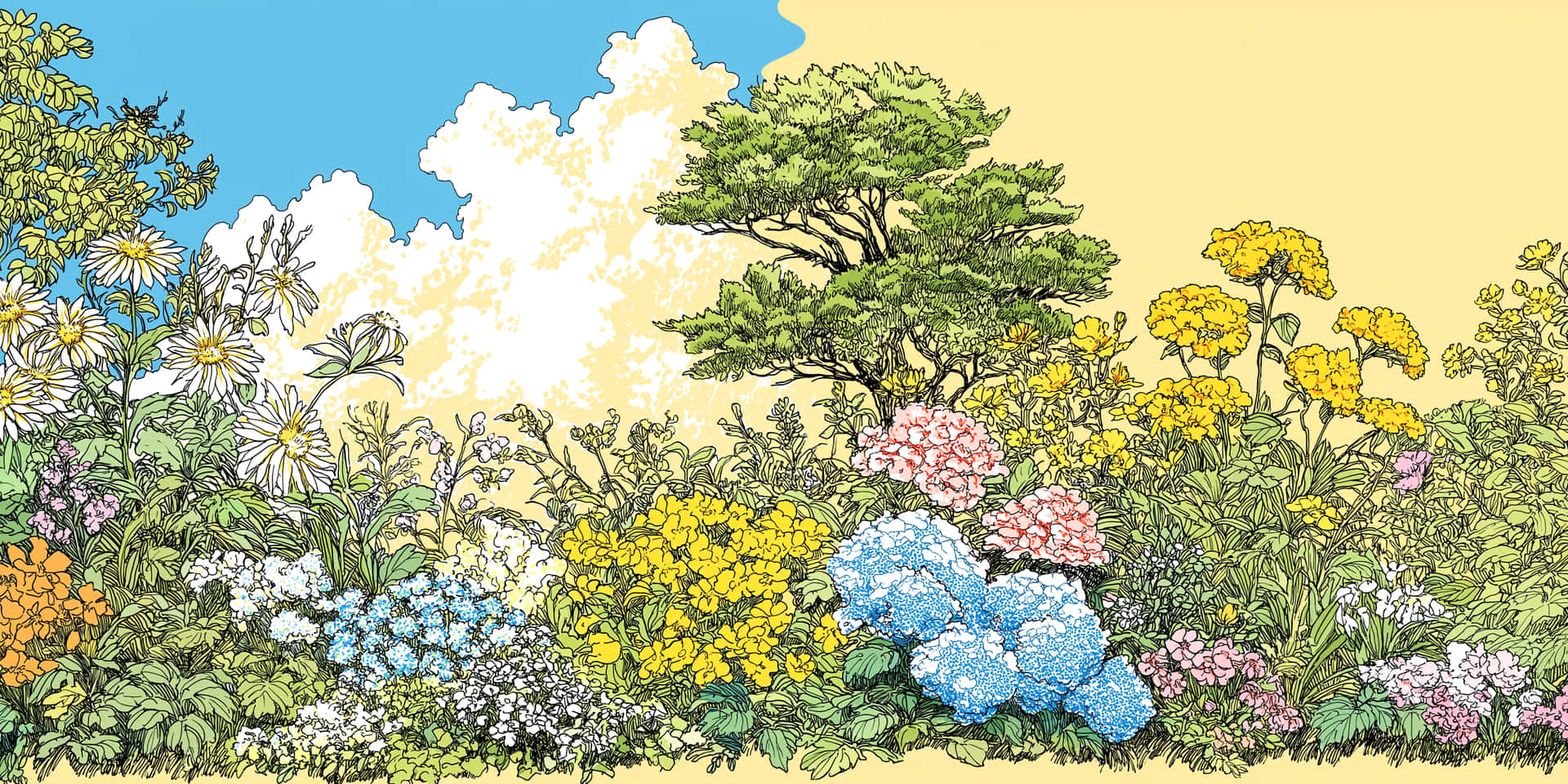 一個色彩繽紛的插圖花園，在藍天白雲下有各種花卉和樹木。