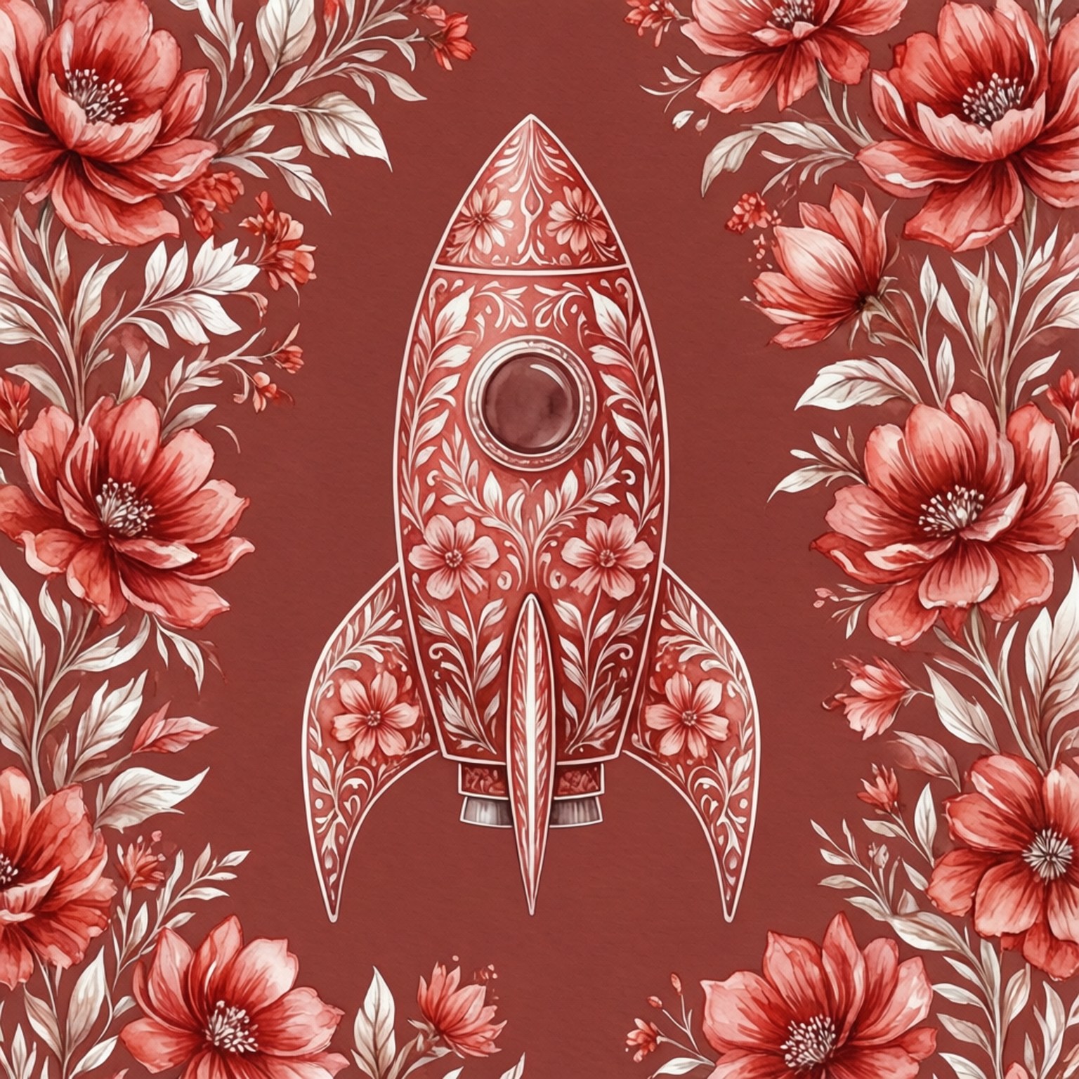 Floral Rocket Pattern 壁紙 — 一艘飾有精緻花卉圖案的火箭飛船，居中於深紅色背景上，周圍環繞著盛開的紅白花朵。