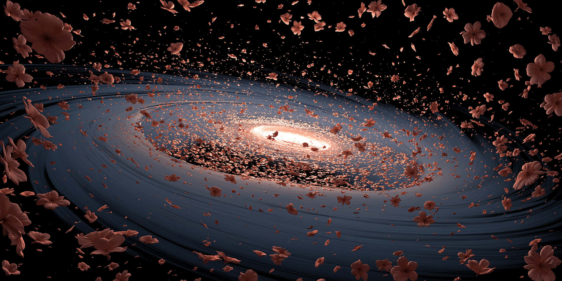 Floral Spiral Galaxy 壁紙 — 一個宇宙螺旋星系，發光的核心被旋轉的深藍色旋臂包圍，粉紅色的櫻花漂浮在黑色太空中。