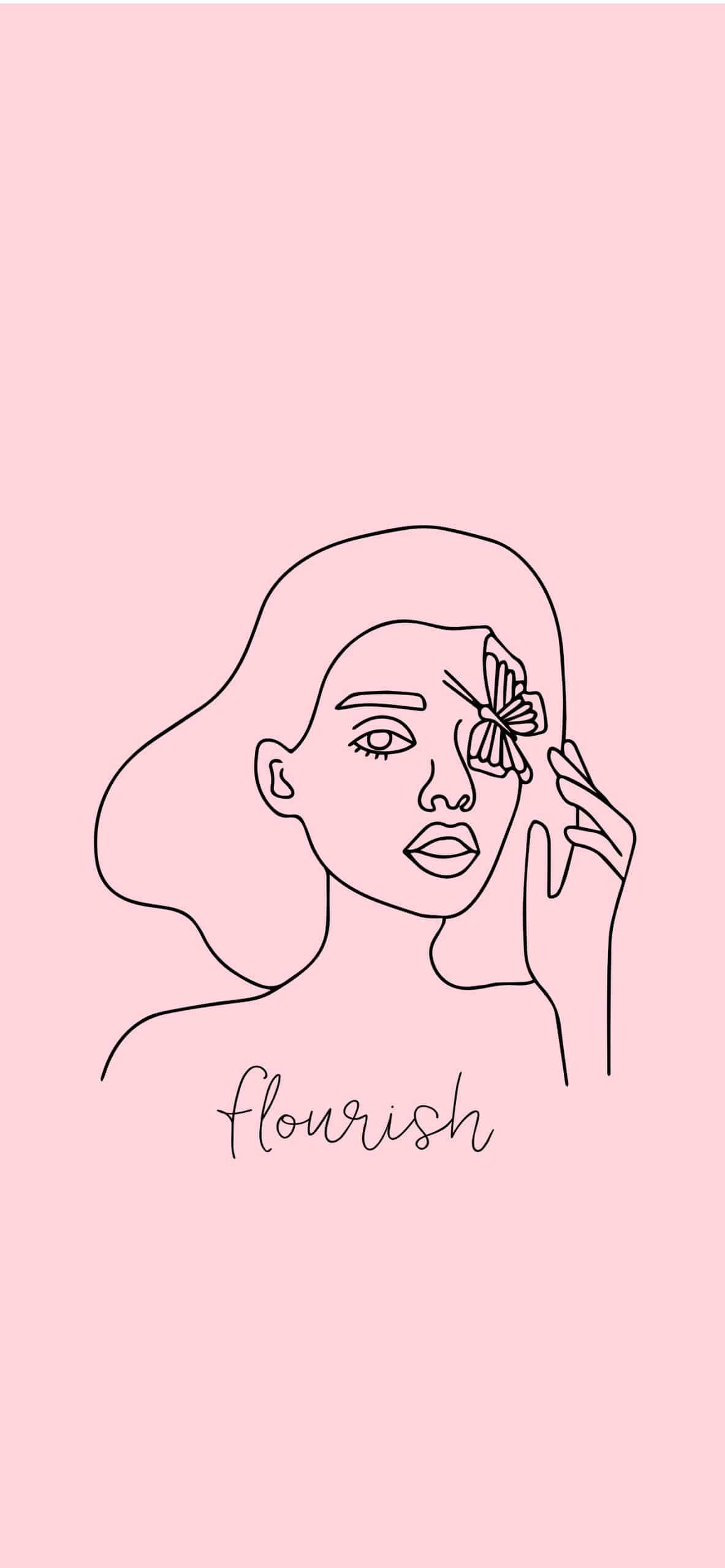 Flourish 線條藝術 iPhone 12 壁紙 — 一幅極簡線條畫，描繪一位女士，蝴蝶停在她的眼睛上，背景是柔和的粉紅色。