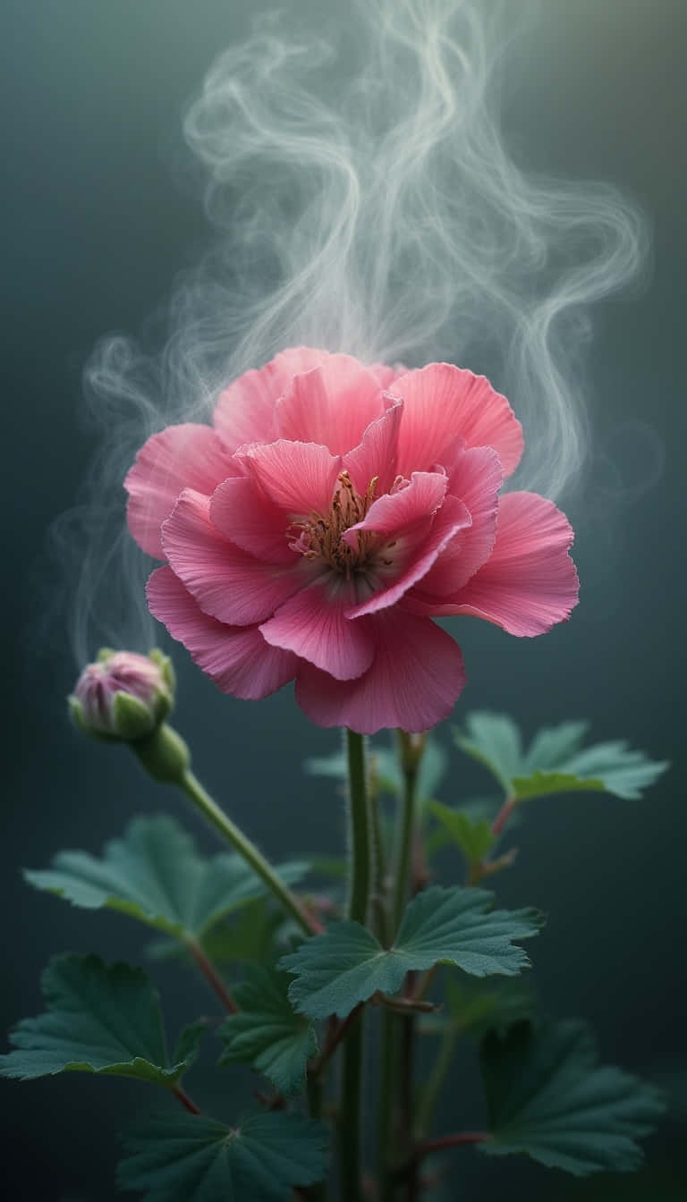 粉紅色花朵，煙霧從花瓣升起，下方有綠葉。