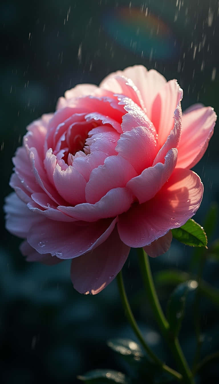 花園中一朵粉紅牡丹，花瓣上閃爍著雨滴