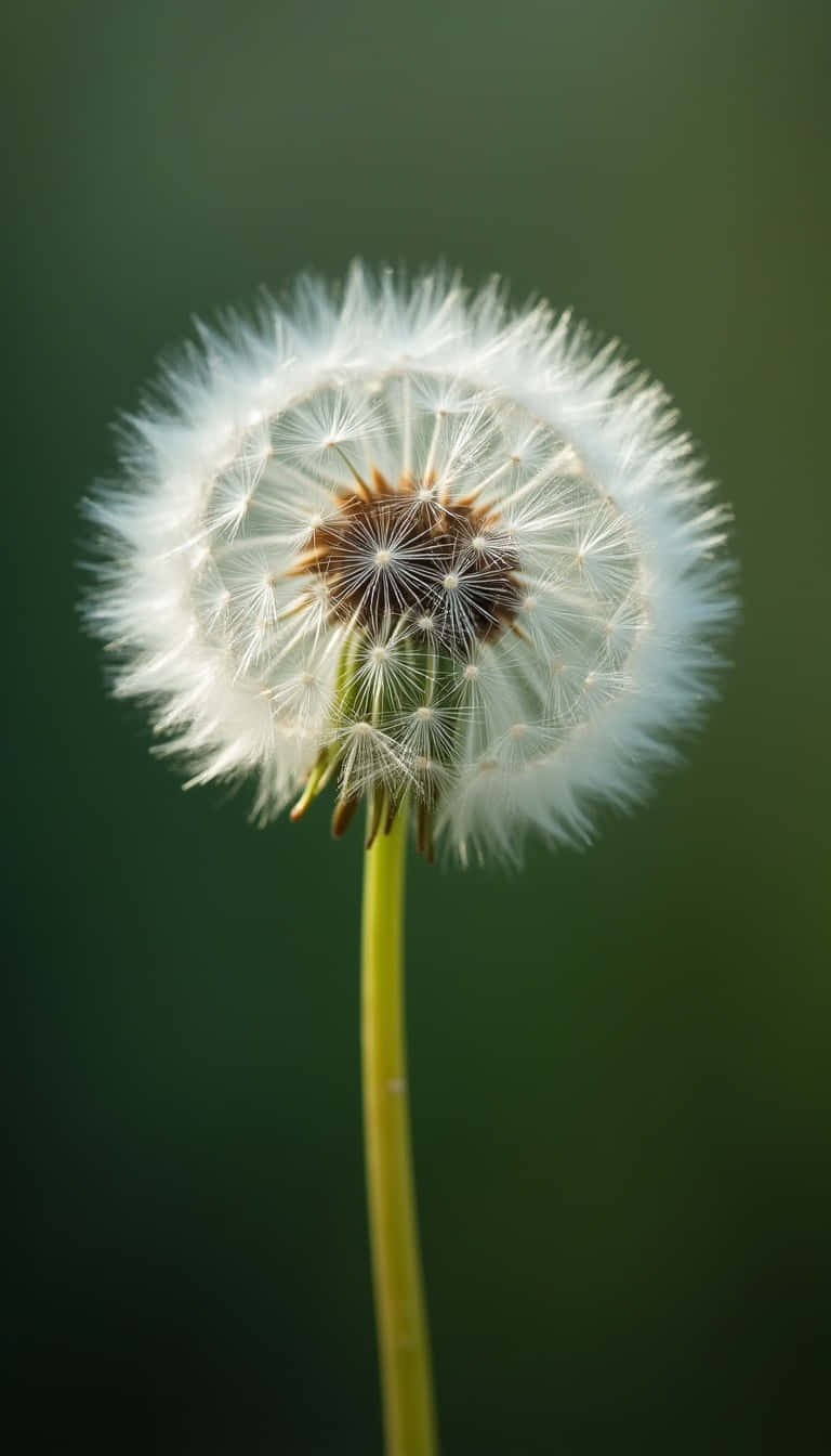 蒲公英種子頭，綠色莖上帶有白色絨毛，背景為模糊的綠色。