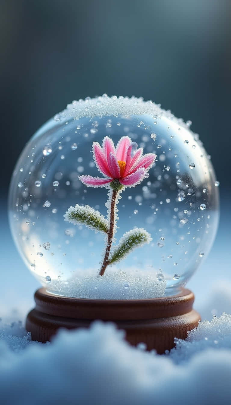 一朵粉紅色花朵，帶有霜凍的葉子，在一個放在雪地上的玻璃雪球內