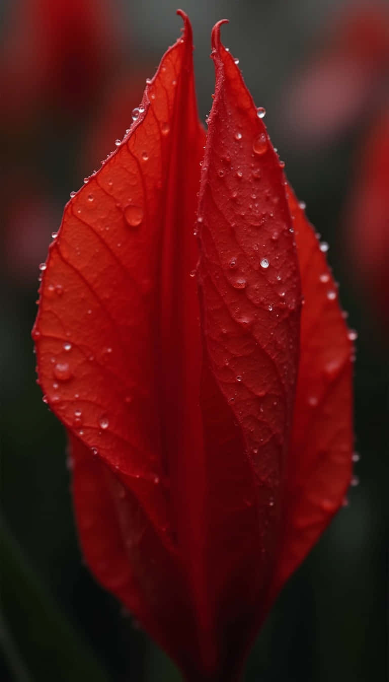 紅色鬱金香花瓣的特寫，水滴在柔焦中閃爍。