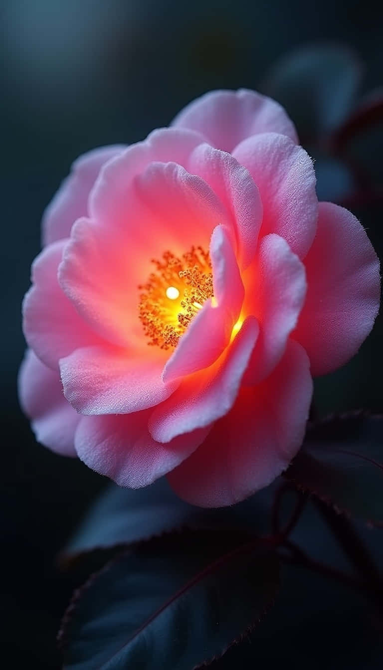 粉紅色山茶花在深色樹葉中溫暖地發光