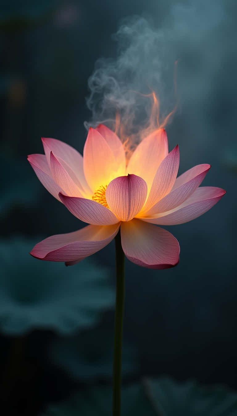 一朵粉紅色蓮花，中心發光，煙霧在深色水上昇起