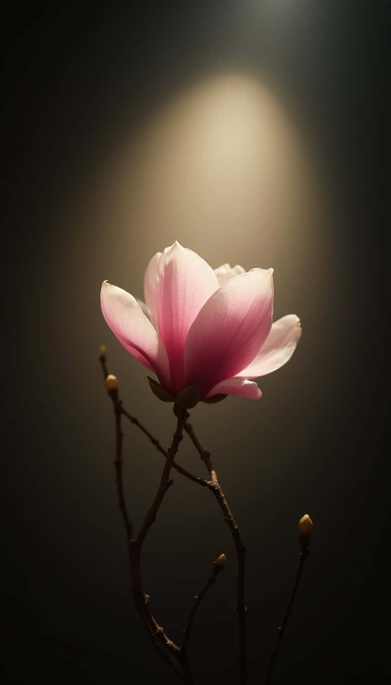 一朵粉紅色的木蘭花在深色背景上被聚光燈照亮，帶有萌芽的莖