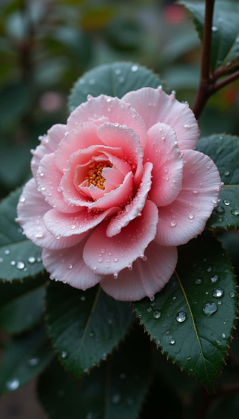 花園中綠葉上帶有露珠的粉紅山茶花
