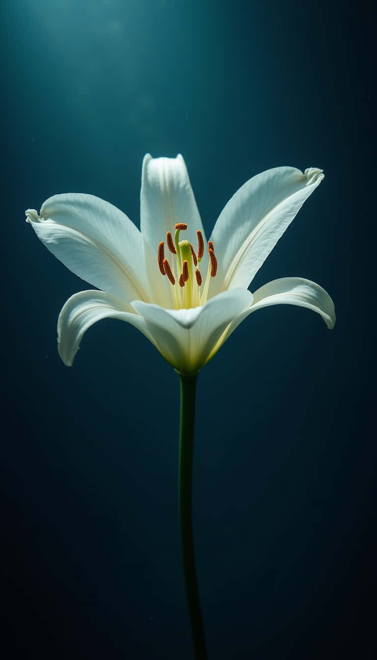 水中的白色百合花，陽光穿過藍色水面閃耀。
