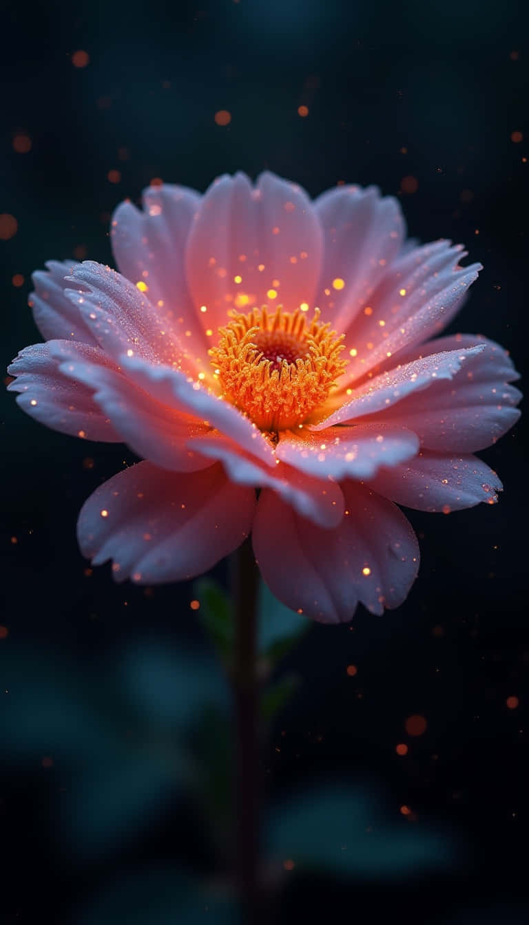Flower 壁紙 — 一朵精緻的粉紅色花朵，帶有發光的橙色中心和閃爍的粒子，在深藍綠色背景上綻放。