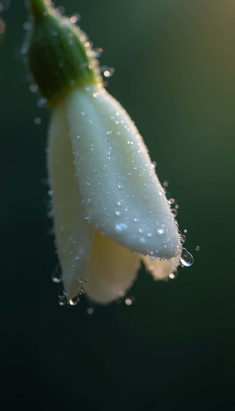 白色花蕾，水珠在柔和光線下閃爍，背景是深綠色。