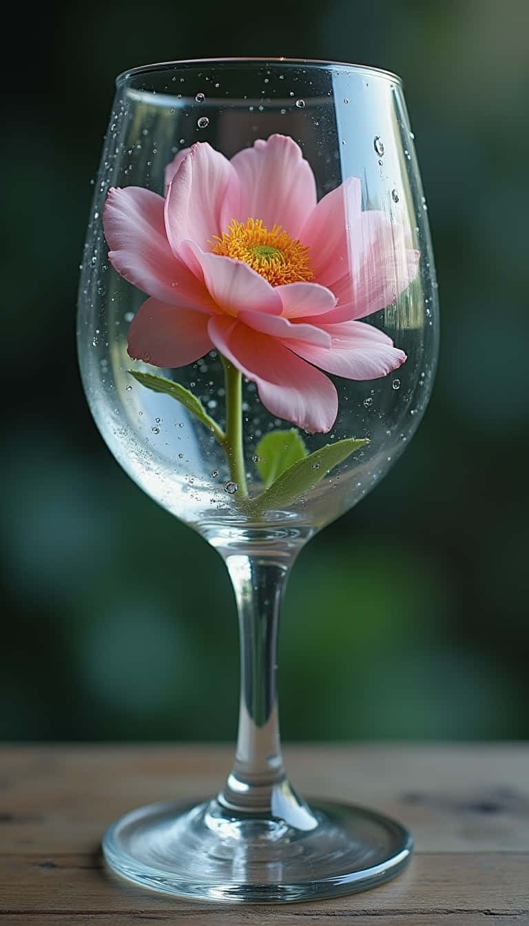 木桌上帶水滴的酒杯中的粉紅色牡丹